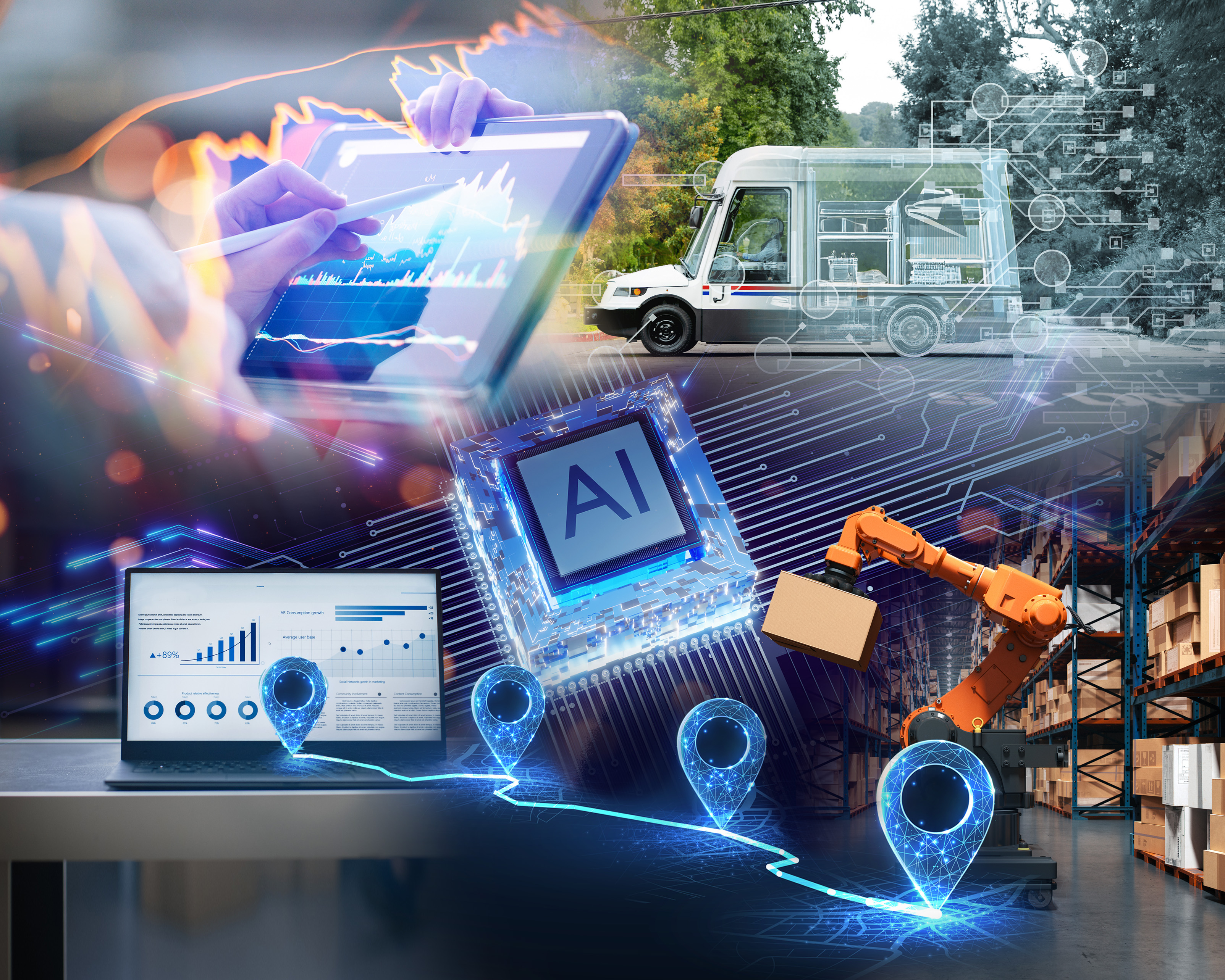 cover image: photo collage of AI use cases (robotic arms, route mapping, etc.).
