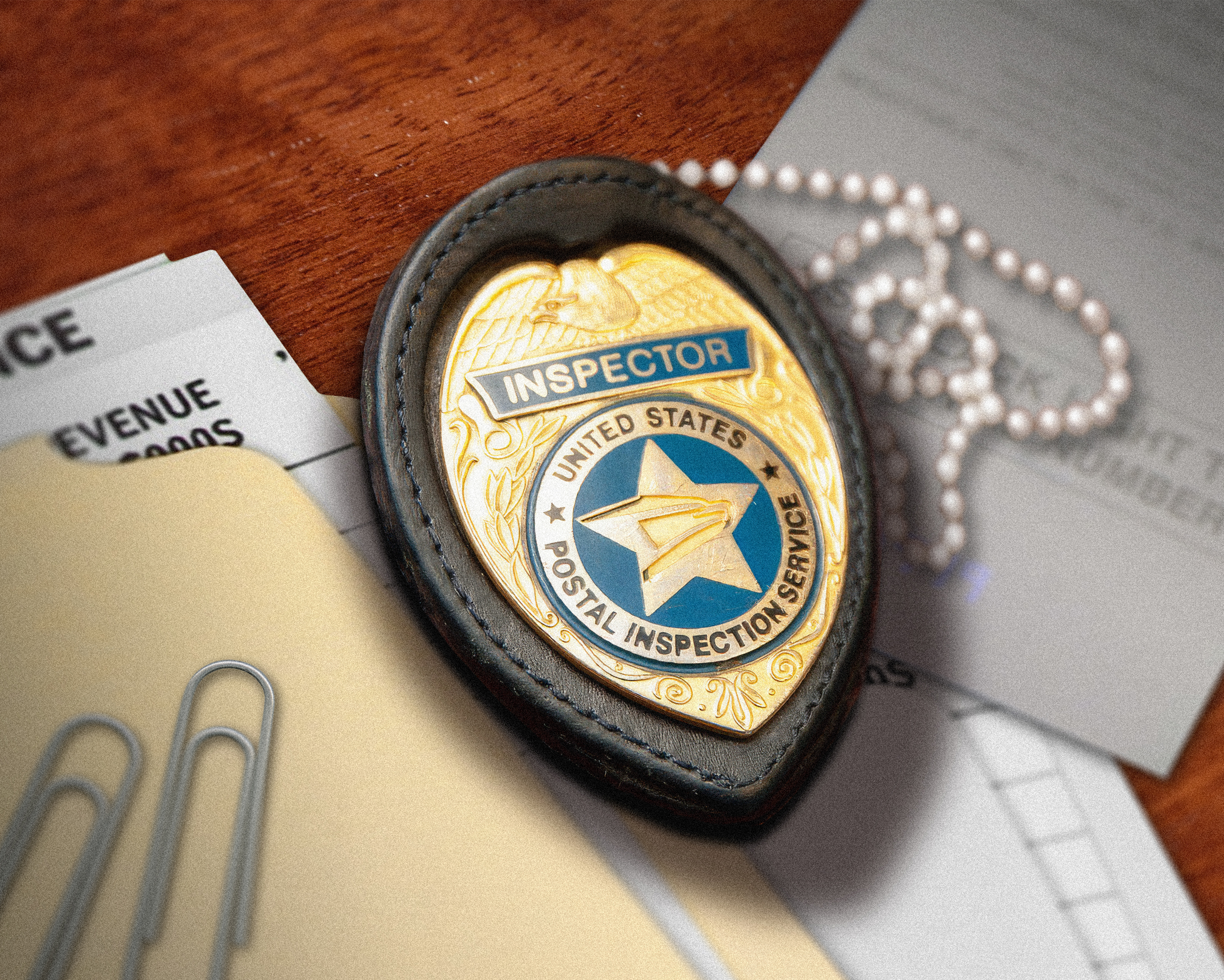 cover art: photo of USPIS badge. 